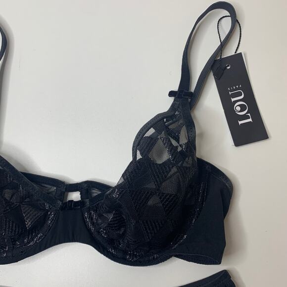 NWT Lou Paris Lingerie Geometric Sheer Mesh Bra Panty Set Black Small - Picture 2 of 12